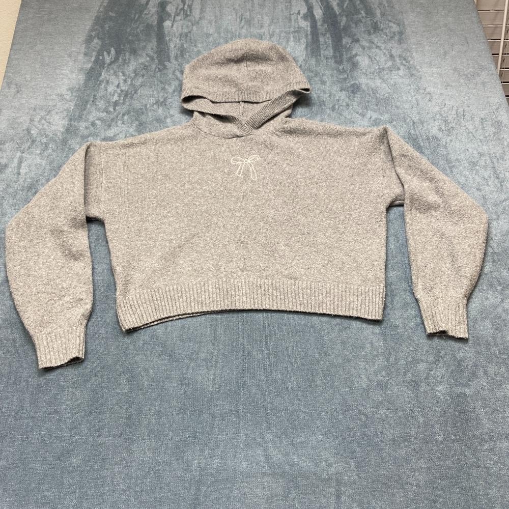 Hollister Cropped Hoodie Womens XS Gray Ribbed Trim Logo Outdoor Fleece Lined